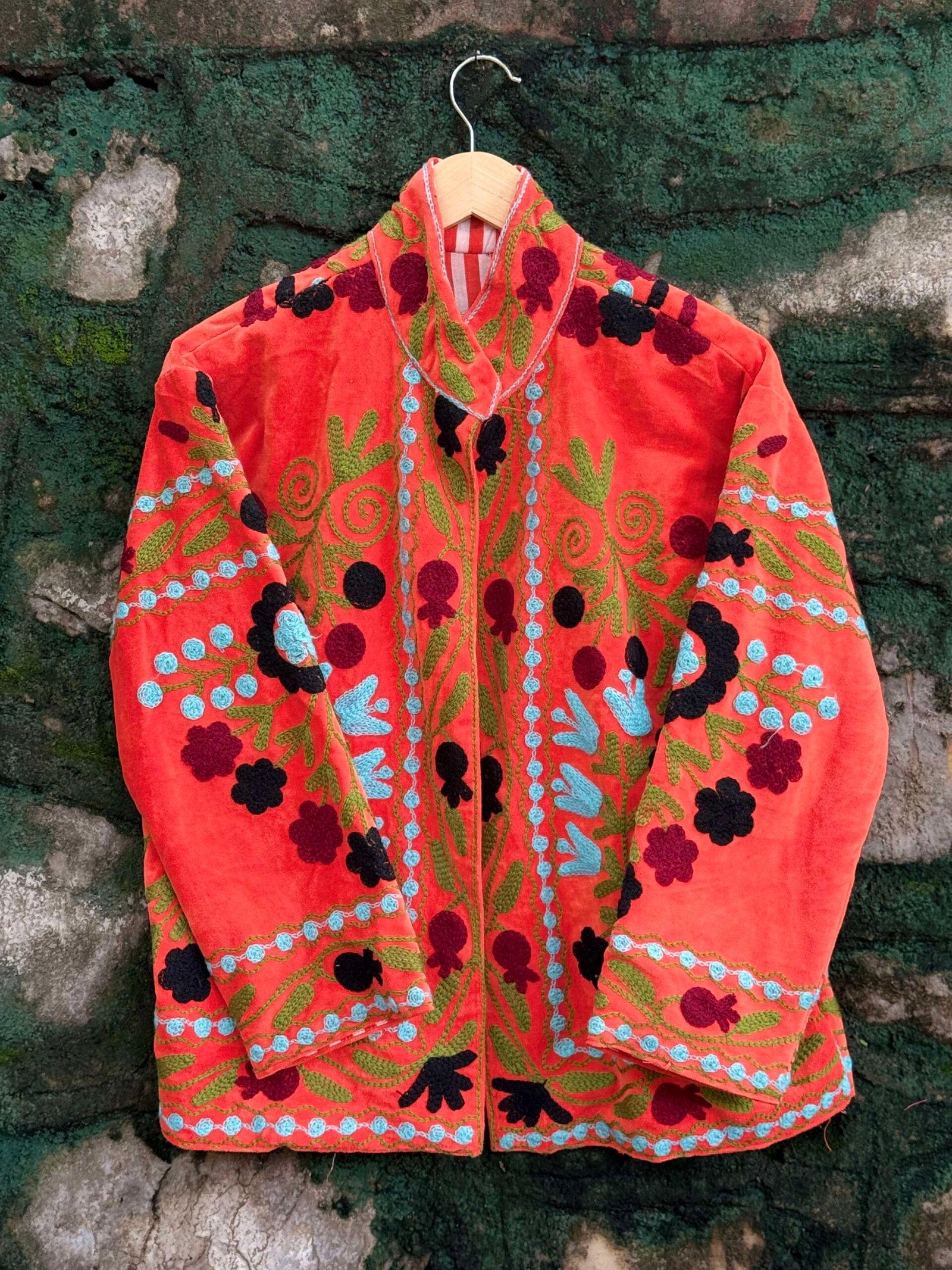 Womens Orange Velvet Embroidered Jacket with Floral Design - Image 3
