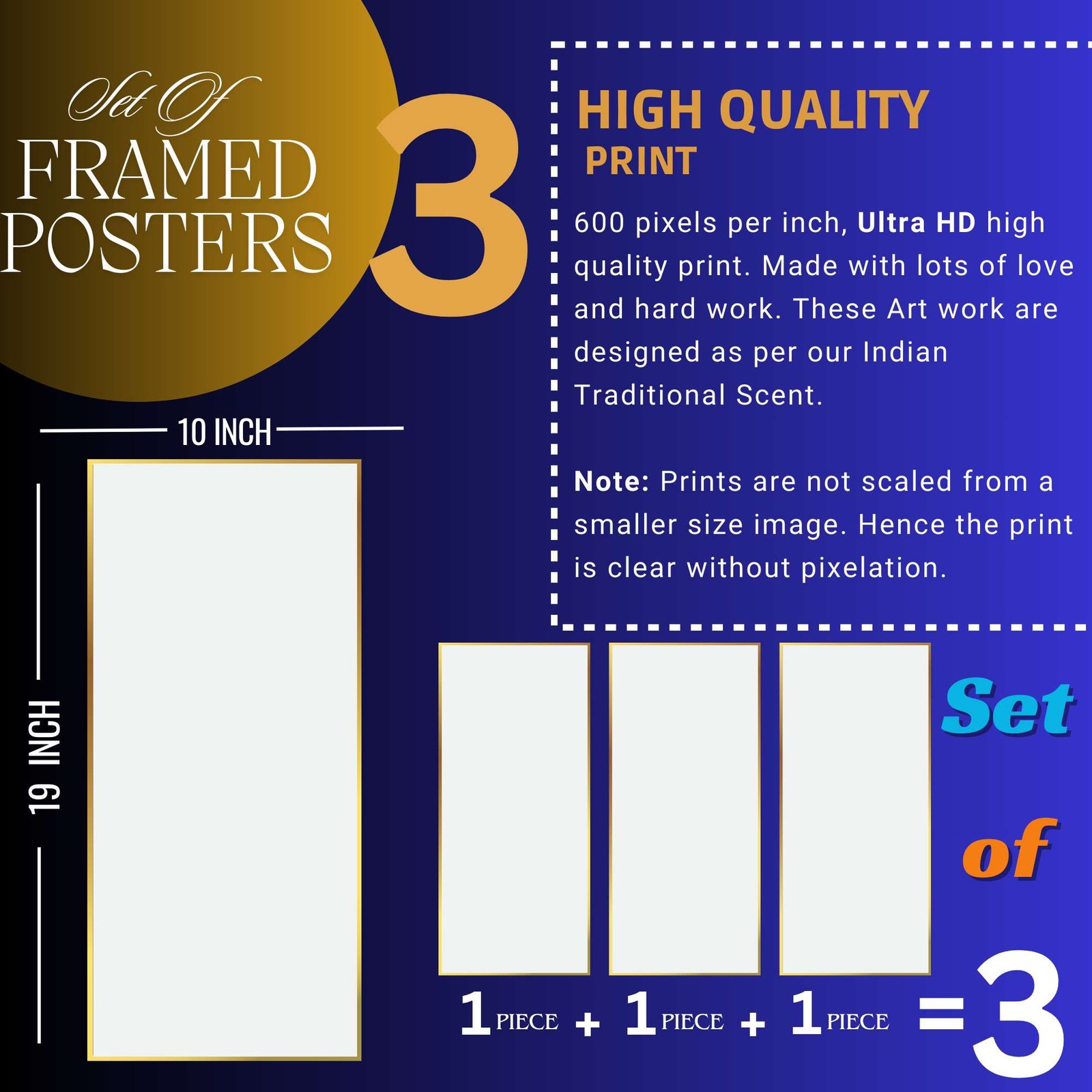 Set of Three large Wall Paintings for Wall Dacoration Golden Framed Wall Paintings for Living Room & Bedroom Wall Art for Home Decoration & Office Wall Décor (14x11 inch CH-LGD3-3) - Image 2