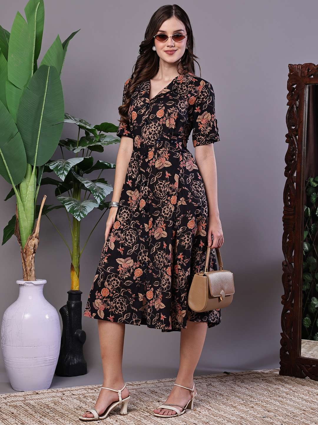 Women's Chic Black & Rust Floral Print Button-Front Midi Dress