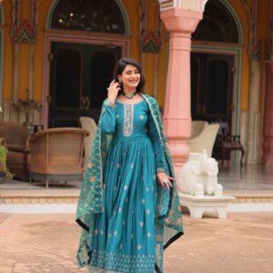 Rama Designer Chinon Sequins Embroidered Gown with Kalamkari Silk Dupatta