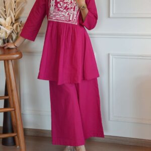 Women's Cotton Embroidered Short Anarkali Kurti with pant