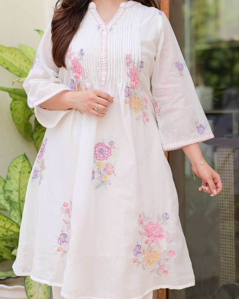 Women's Cotton Embroidery A-Line Kurti With Pant Set