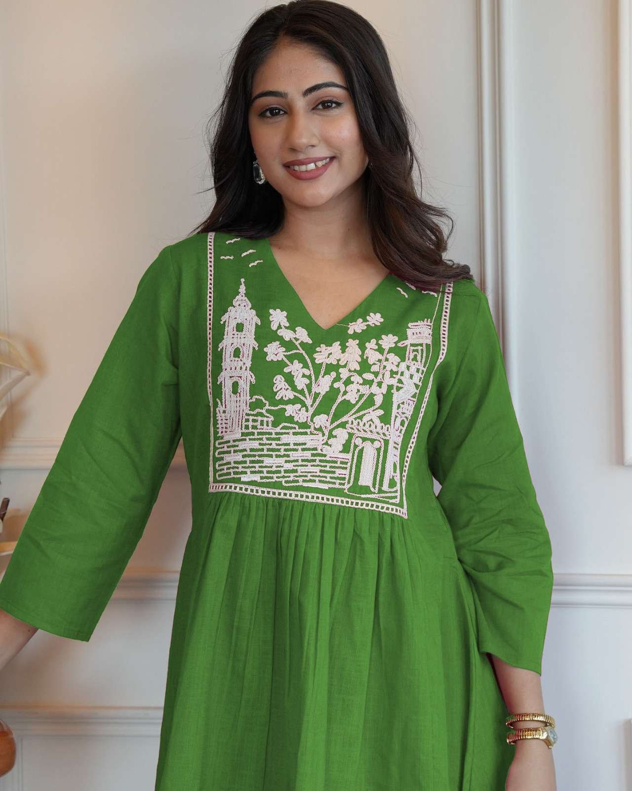 Women's Cotton Embroidered Short Anarkali Kurti with pant
