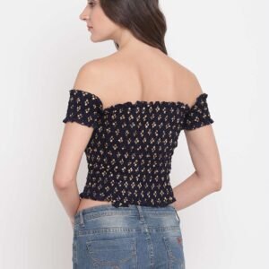 Women's Rayon Printed Off-Shoulder Smocked Crop Top Short Sleeve Casual Styles Tank Top (FREE SIZE) Multi12