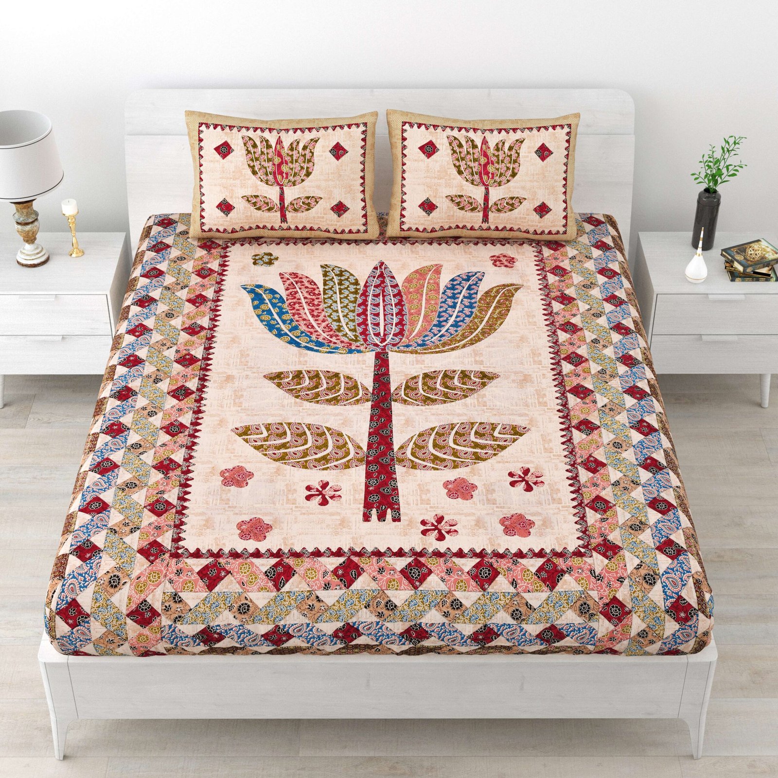 Rajasthani Traditionally Printed Cotton Doublebed Bedsheet With Pack of 2 Pillow Covers
